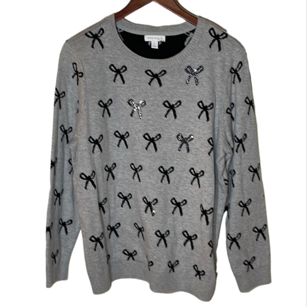 Charter Club Gray Sweater with Black Bow Embellishments